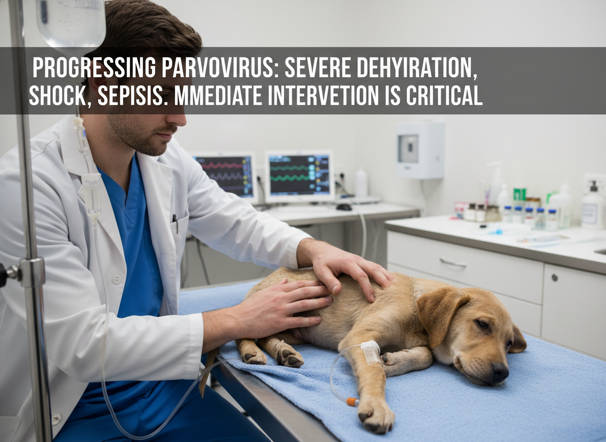 Progressing parvovirus: severe dehydration, shock, sepsis. Immediate intervention is critical.