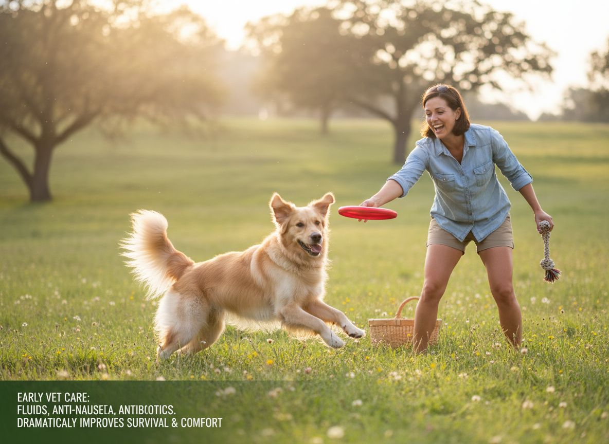 Early vet care: fluid therapy, anti-nausea, antibiotics. Dramatically improves survival and comfort.