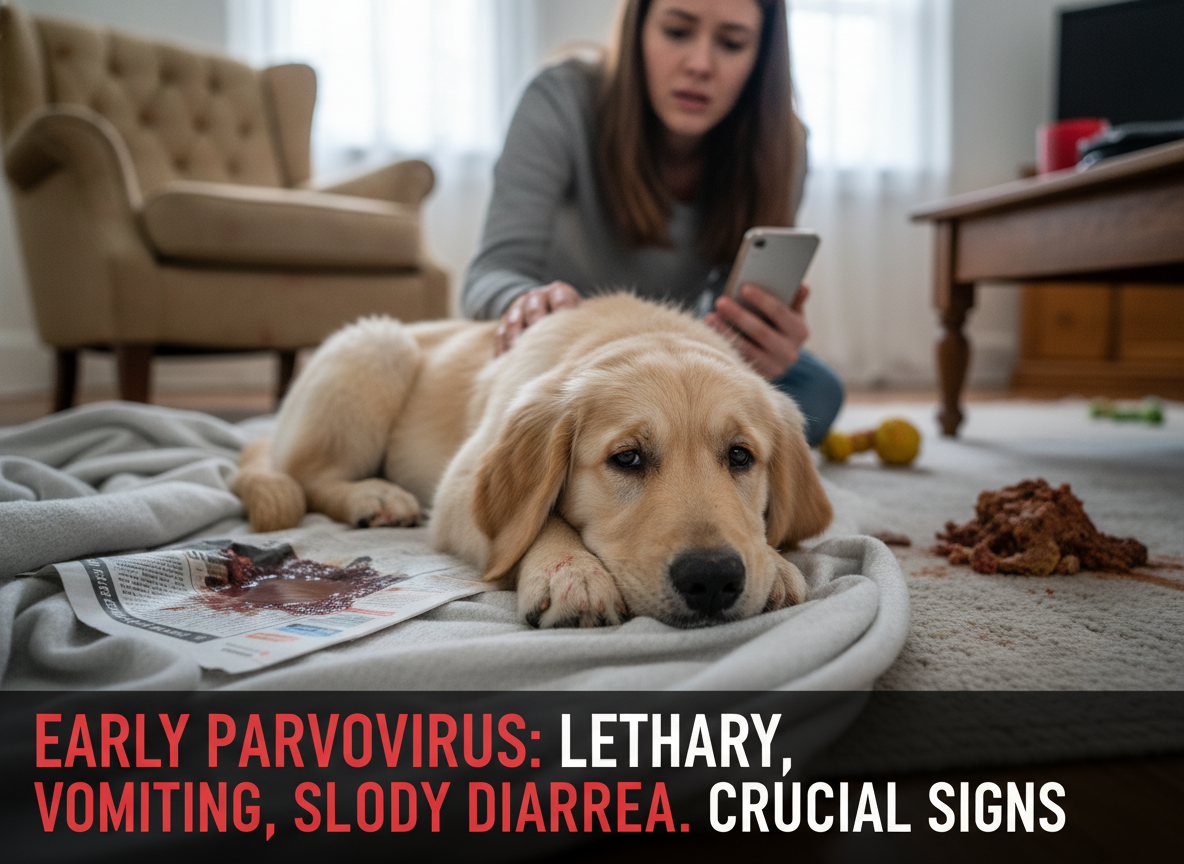 Early parvovirus: lethargy, vomiting, severe bloody diarrhea. Crucial signs.