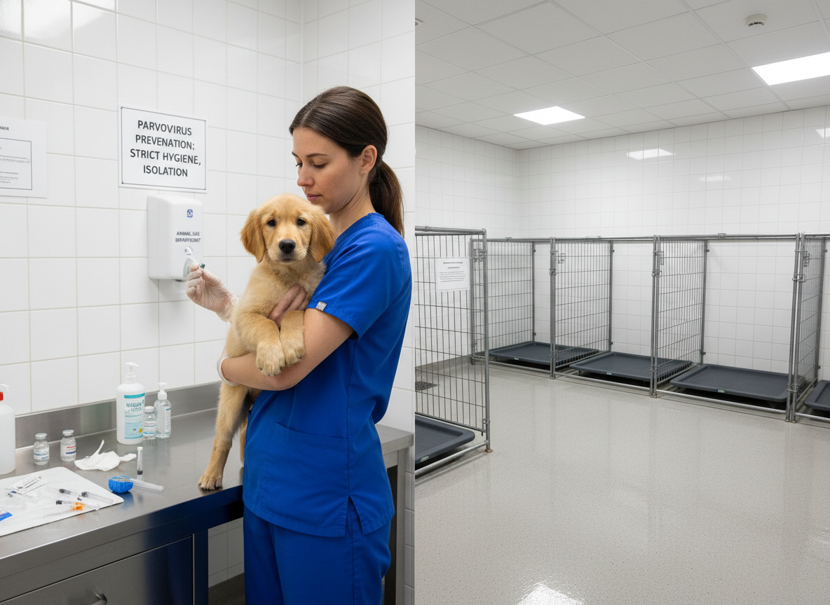 Vaccination, strict hygiene, and isolation of sick animals are crucial for preventing parvovirus and protecting susceptible dogs. photographic, realistic photo of a healthy puppy getting a vaccine shot from a vet, or a clean, disinfected dog area.