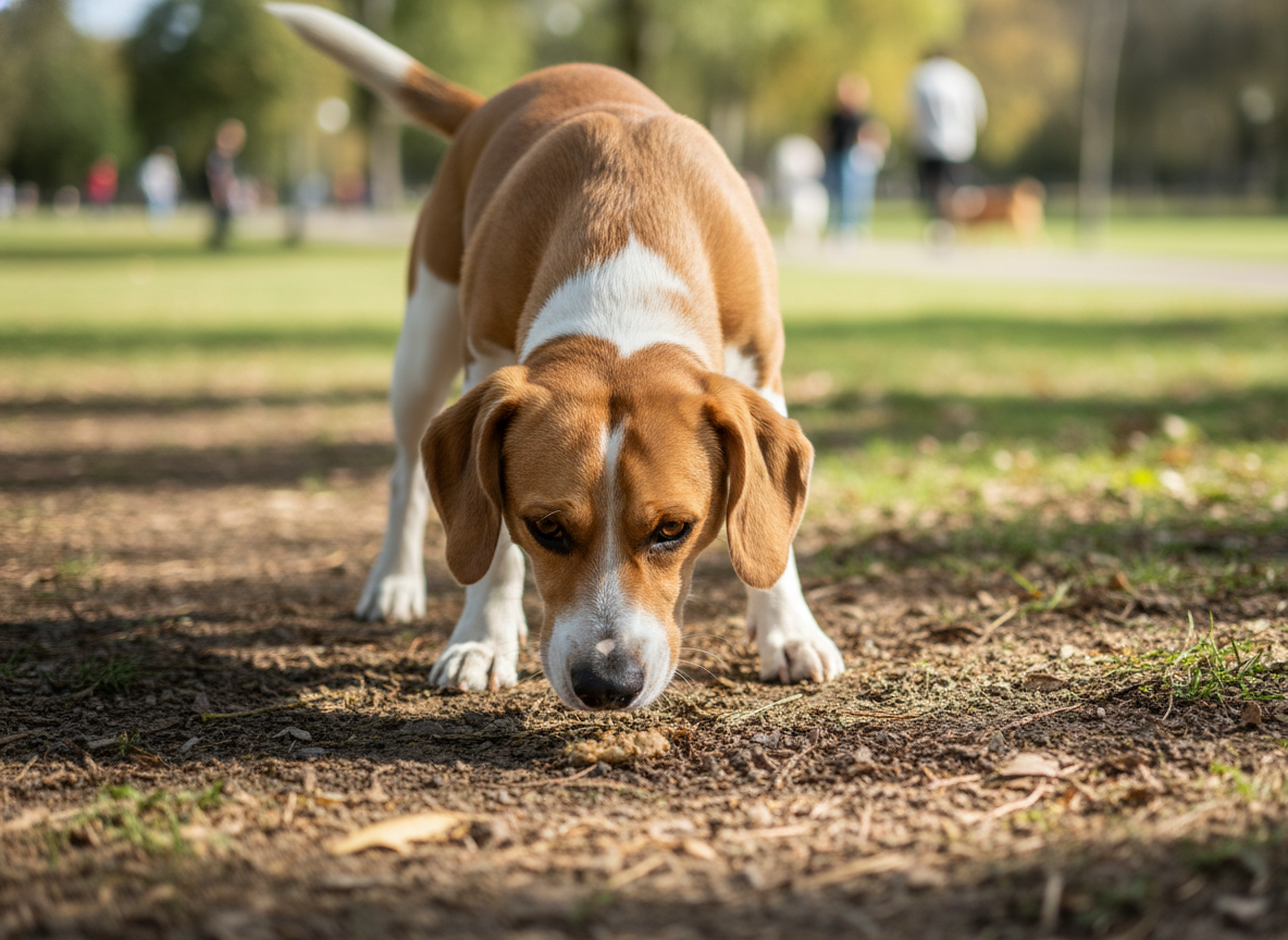 Direct contact with infected feces or contaminated environments is the main cause of parvovirus spread. photographic, realistic photo of a dog sniffing the ground, blurred background suggesting a park.