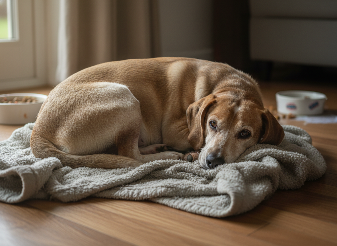 Photorealistic image of a sick dog, curled up, with a focus on its abdomen, suggesting digestive distress due to illness. Natural light.