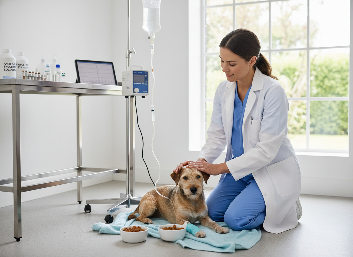 Treatment involves aggressive supportive care, including IV fluids, anti-nausea medication, and antibiotics to prevent secondary infections. photographic, realistic photo showing a veterinarian gently attending to a small dog, administering IV fluids, in a clean, clinical setting.