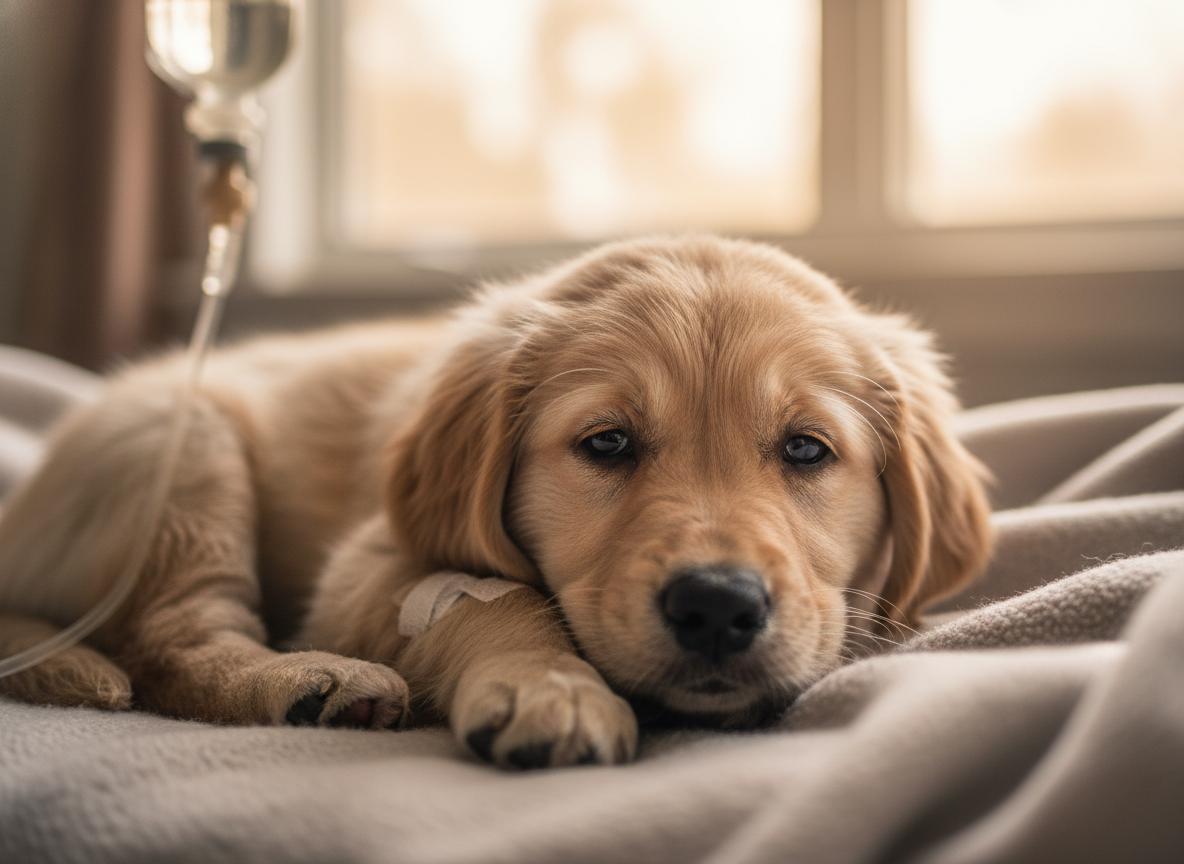 Photorealistic close-up of a weak, lethargic puppy, looking vulnerable, symbolizing a compromised immune system. Soft, natural light.