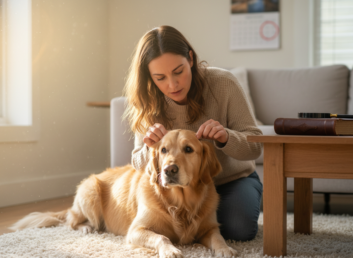 Photorealistic image of a caring dog owner gently examining their dog for early signs of illness, emphasizing vigilance. Warm, natural light.