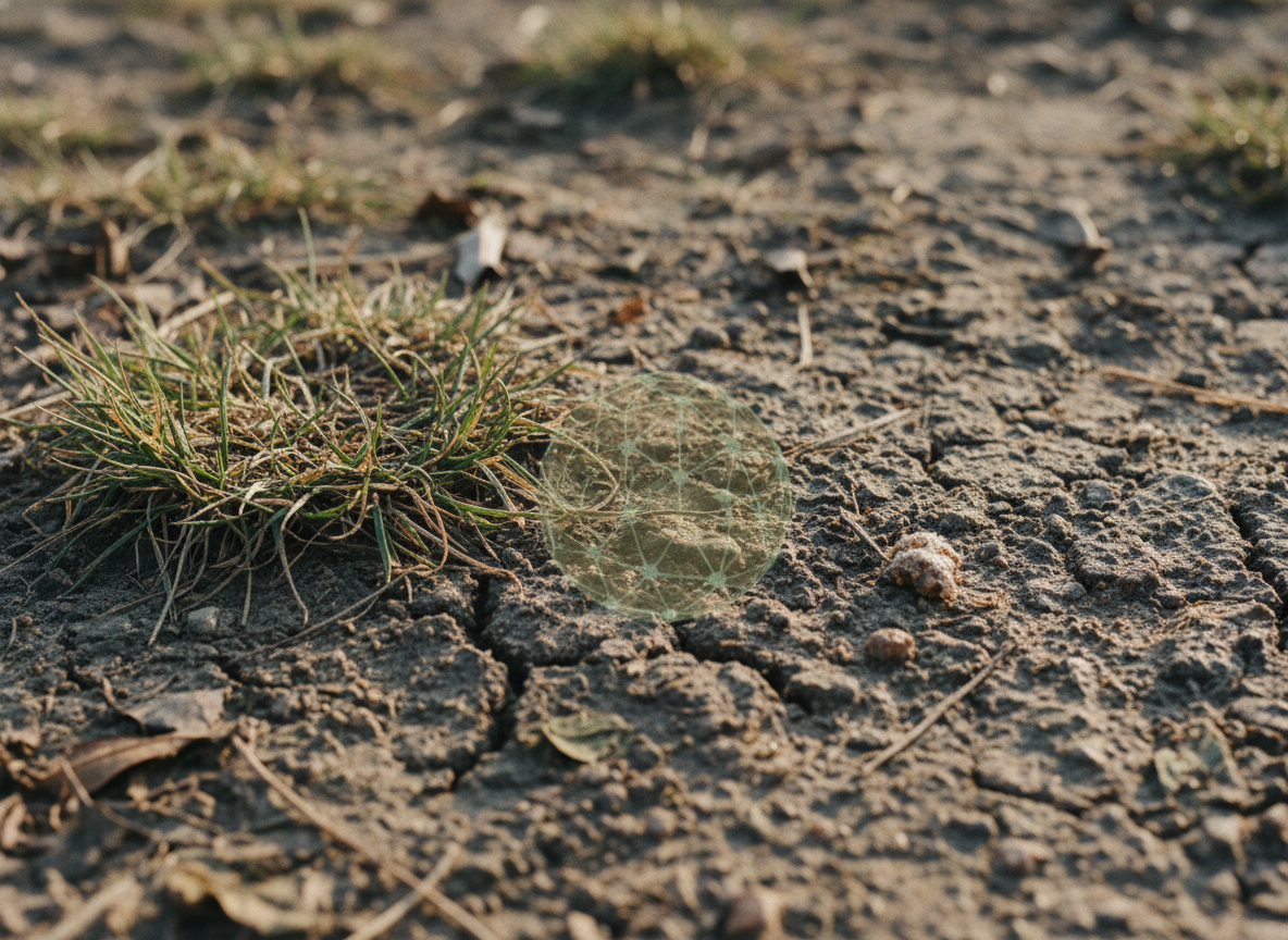 Parvovirus spreads via infected feces, persisting in soil and surfaces for months, posing a constant threat to unvaccinated dogs. Image Prompt: A close-up, gritty photograph of contaminated soil or an everyday surface (e.g., concrete, grass) with a subtle, symbolic representation of a viral particle, implying its persistence. Natural lighting, focus on texture, photographic style.