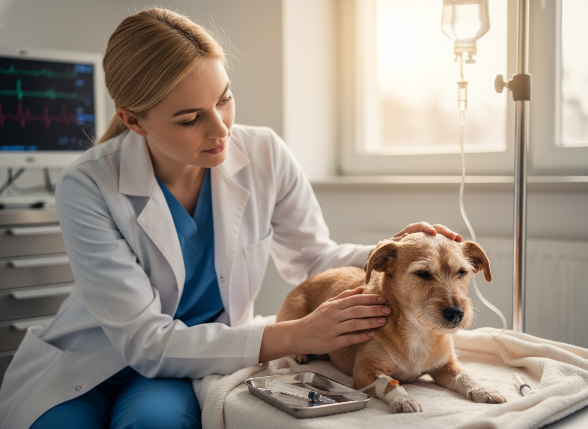 Treatment involves intensive supportive care: IV fluids, anti-nausea meds, and antibiotics. Early vet intervention is critical for survival. Image Prompt: A compassionate, well-lit photograph of a veterinarian gently attending to a small dog receiving intravenous fluids in a clinic setting. Focus on care and hope, photographic style.