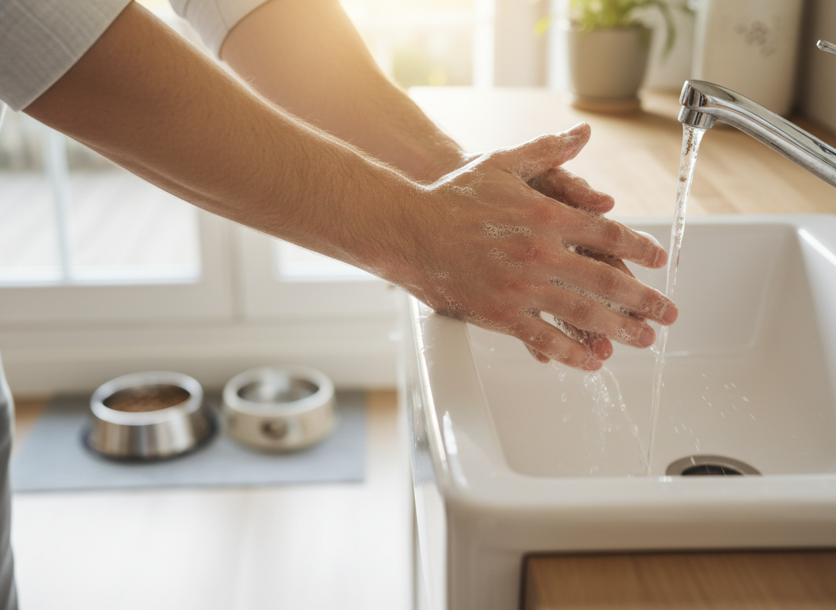 Person washing hands thoroughly, pet bowl visible in background, natural light, realistic photo.