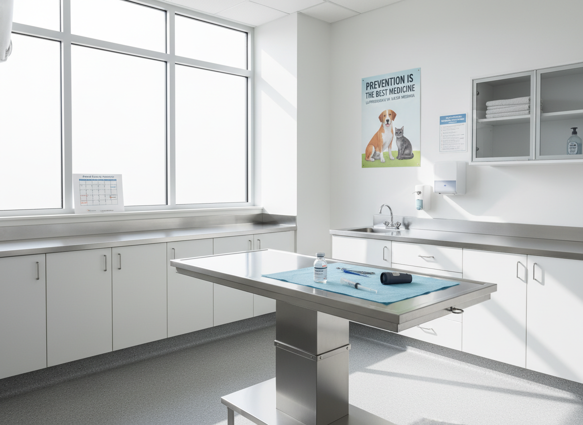 Sterile veterinary examination room, clean surfaces, focus on prevention, natural light, realistic photograph.