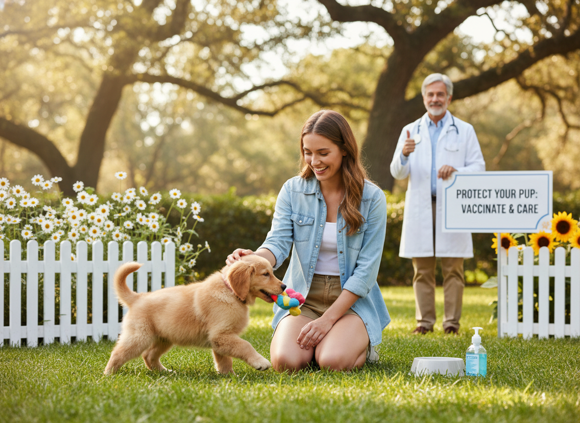 Vaccination, hygiene, and immediate vet care for symptoms are key to preventing parvovirus. Protect puppies with timely immunity. Image Prompt: A heartwarming, bright photograph of a healthy, playful puppy happily interacting with its owner, symbolizing successful prevention and care. Outdoor setting, natural light, photographic style.