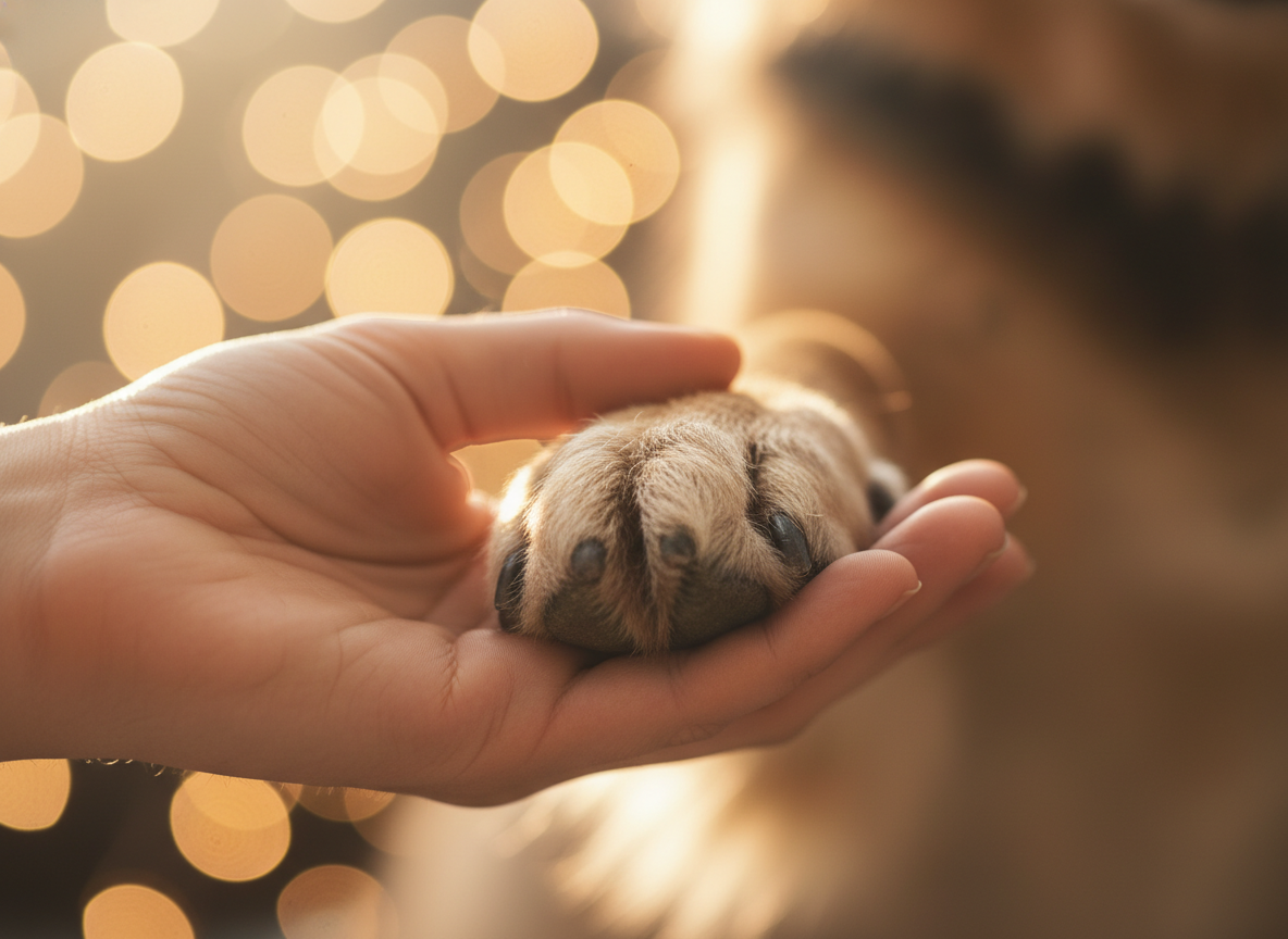 Close-up of a human hand gently touching a dog's paw, soft light, bokeh background, realistic photograph.
