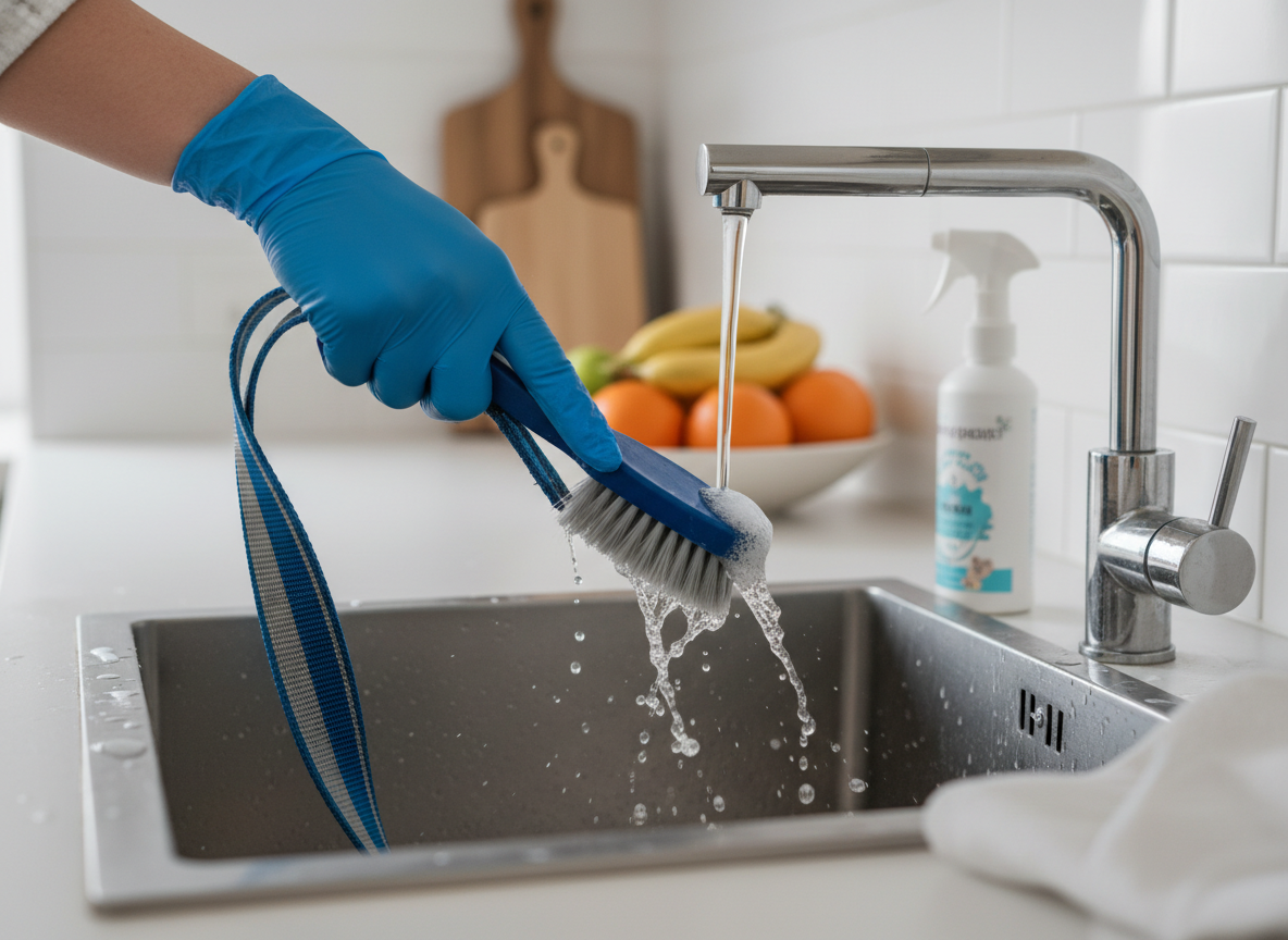 Human hand cleaning a dog's leash, focus on hygiene, domestic setting, realistic photograph.