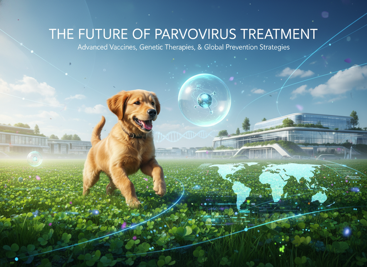 The future of parvovirus treatment: exploring advanced vaccines, genetic therapies, and global prevention strategies. Photographic, futuristic image of a healthy, energetic puppy playing in a lush, green field under a clear, bright sky, symbolizing a future free from parvovirus. Hopeful, vibrant, and realistic.