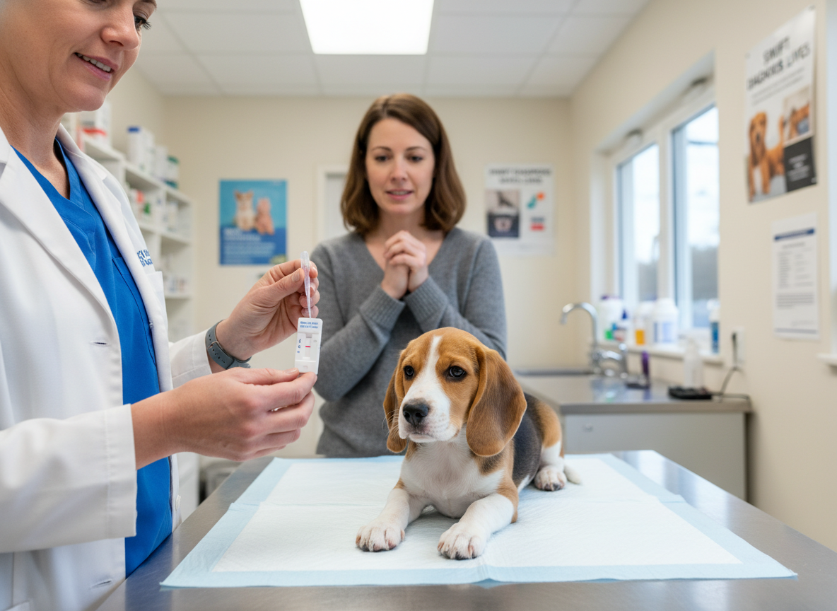 Swift diagnosis significantly improves parvovirus survival rates. Early intervention is key to effective treatment and recovery. Photographic image of a veterinarian performing a rapid diagnostic test on a puppy, with a concerned but hopeful owner in the background. Bright, clinical lighting. Realistic, focused on early detection.