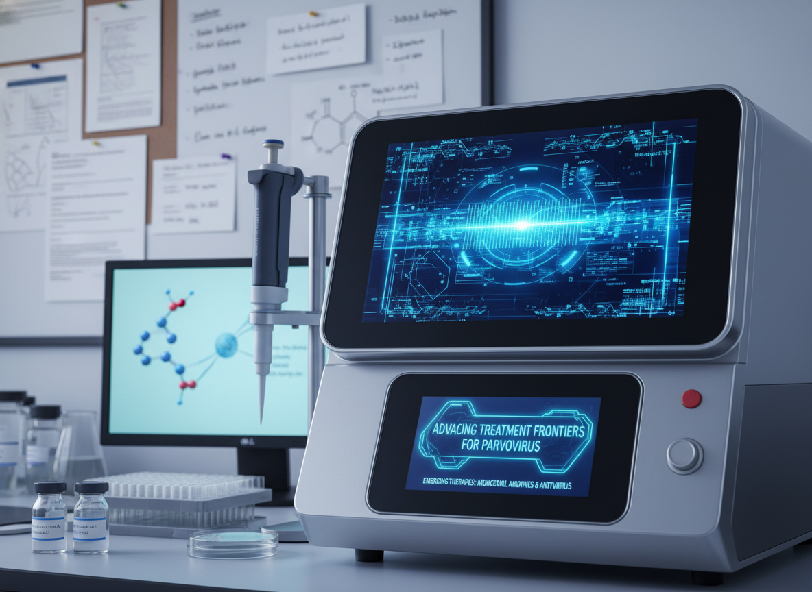 Emerging therapies like monoclonal antibodies and antivirals offer new hope. Advancing treatment frontiers for parvovirus. Close-up, photographic shot of advanced laboratory equipment, possibly a microscope or DNA sequencer, with blurred scientific notes in the background. Focus on innovation and research in a lab setting. Realistic.