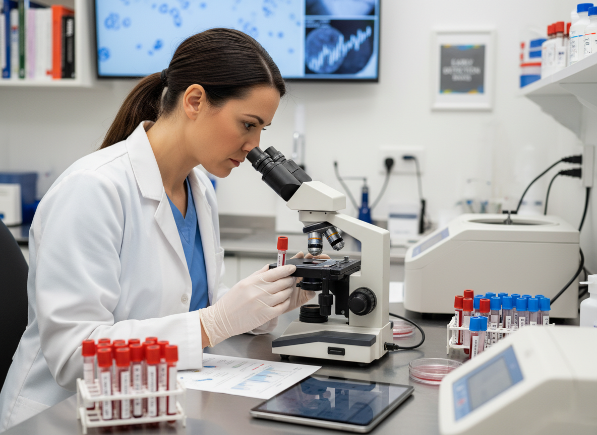 Veterinarian analyzing blood samples for early detection of bone marrow issues. Realistic clinic photography.