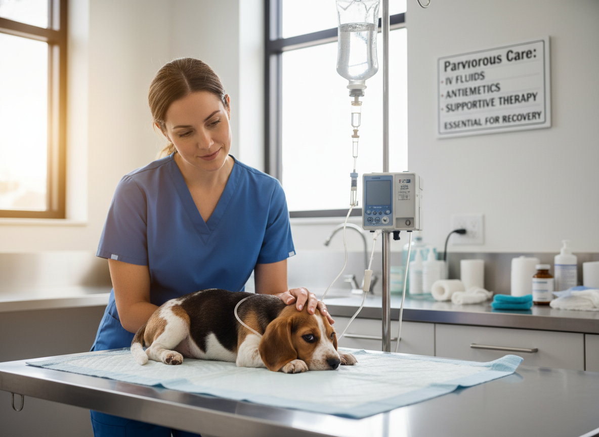 Standard parvovirus care: IV fluids, antiemetics, antibiotics, and supportive therapy. Essential for recovery. Photographic image of a veterinarian gently attending to a small puppy receiving intravenous fluids in a clean, modern veterinary clinic. Soft, natural lighting. Realistic, caring scene.