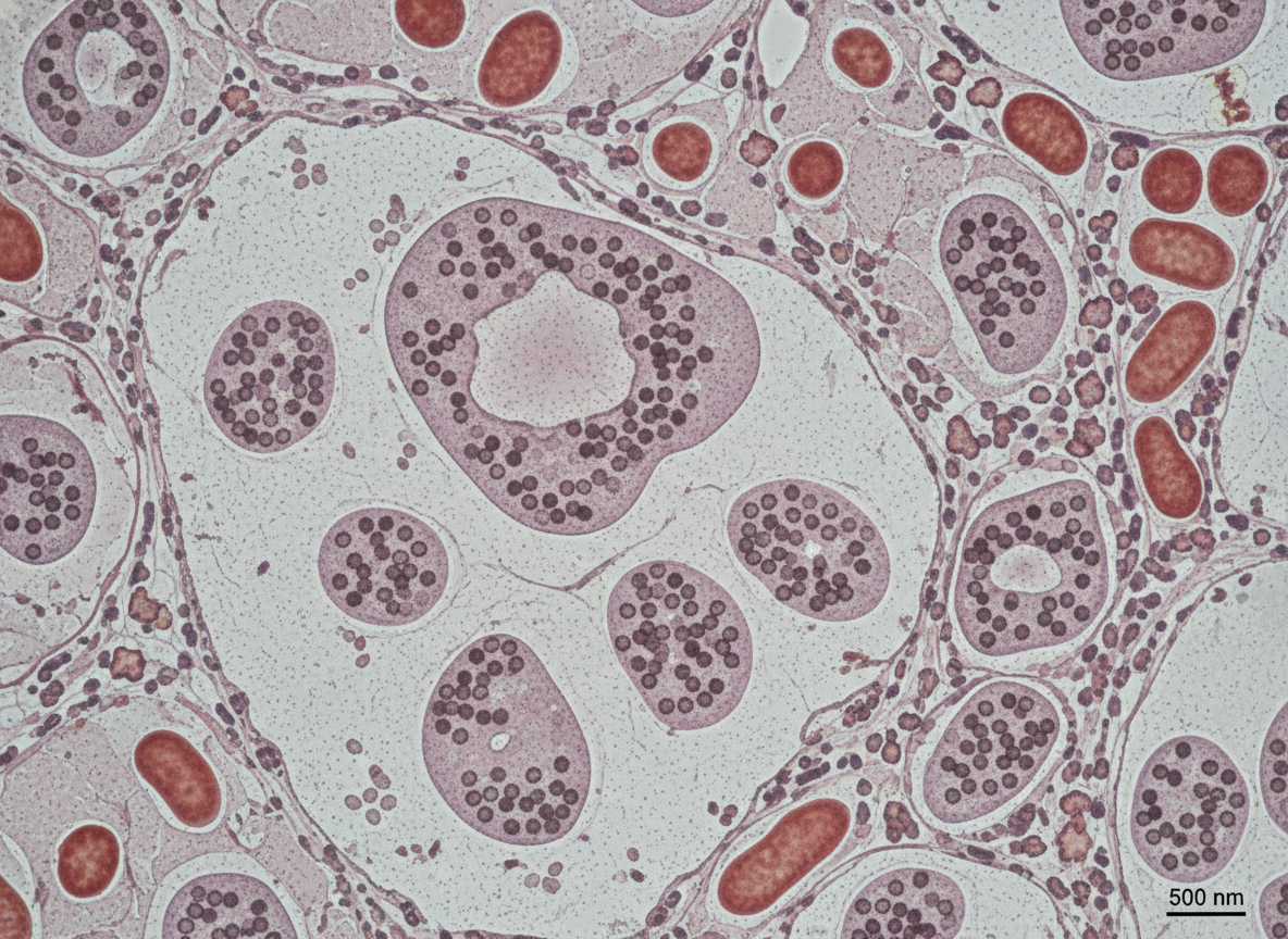 Microscopic image: Canine parvovirus affecting bone marrow cells. Photorealistic, scientific detail.