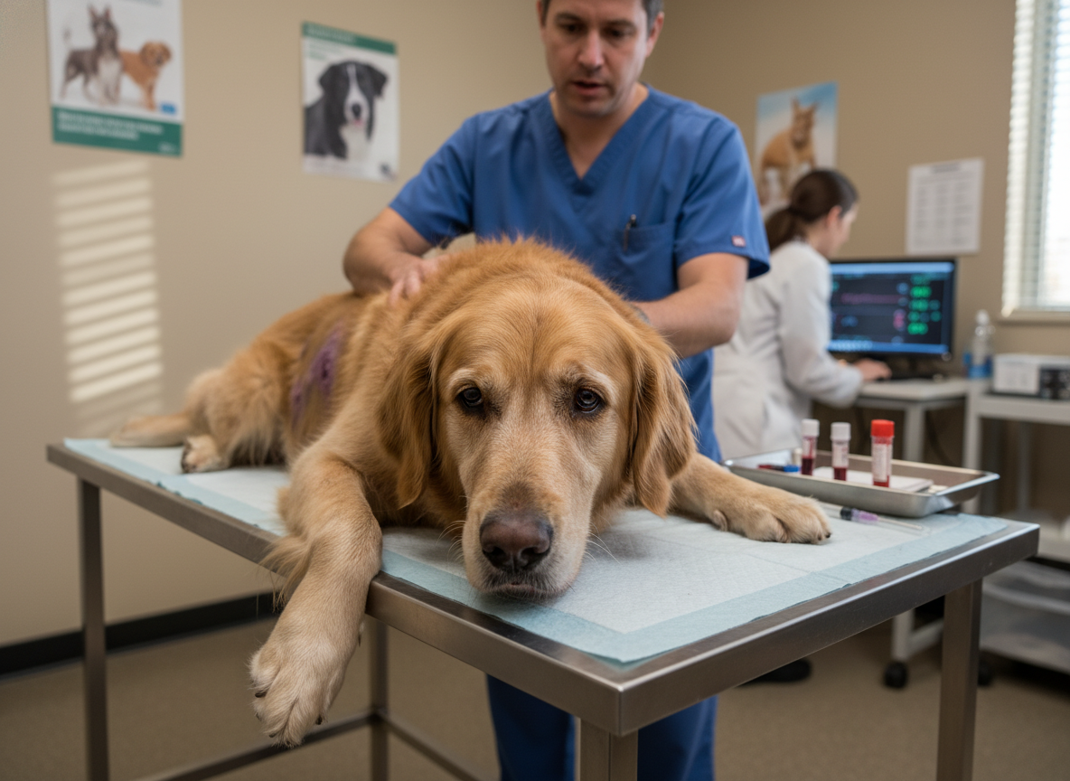 A dog showing signs of illness from bone marrow suppression. Vet clinic, realistic photography.