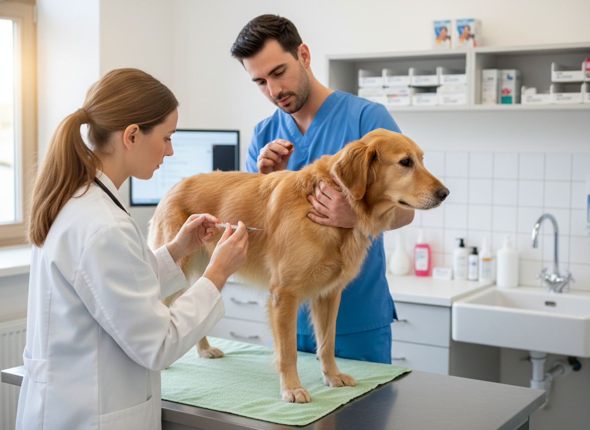 A veterinarian gently vaccinating a dog. Clean, professional, photographic style.