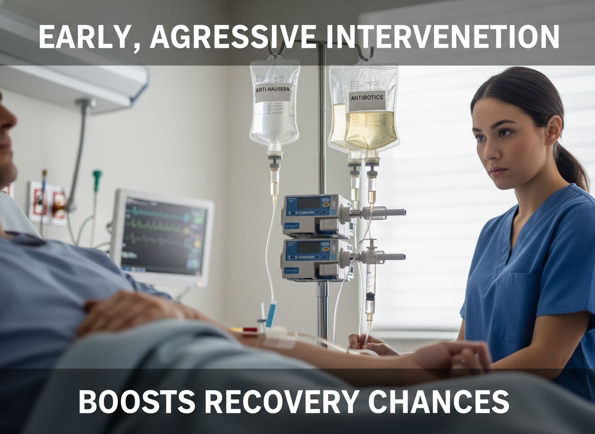 Treatment involves supportive care: IV fluids, anti-nausea meds, and antibiotics. Early, aggressive intervention boosts recovery chances significantly.