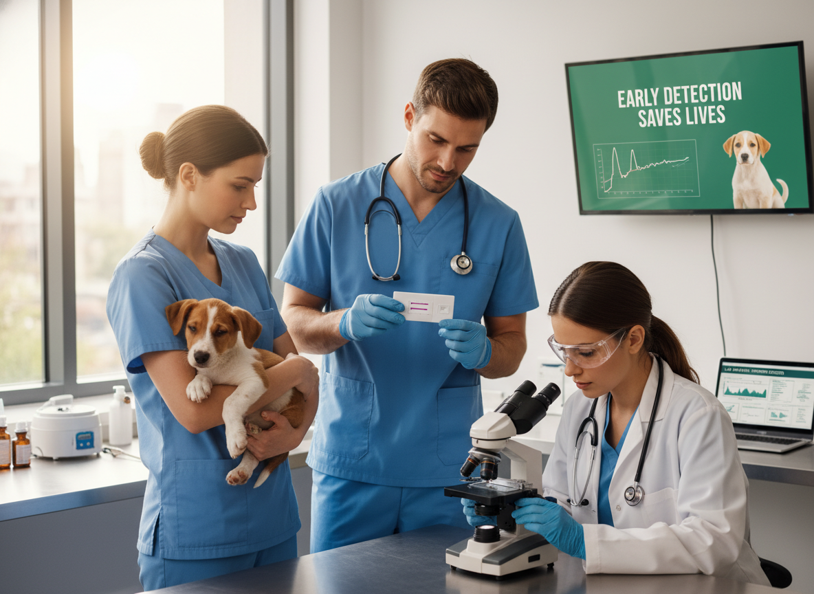 Veterinarians diagnose parvovirus through clinical signs, rapid tests, and lab analysis. Early detection is crucial for effective treatment.