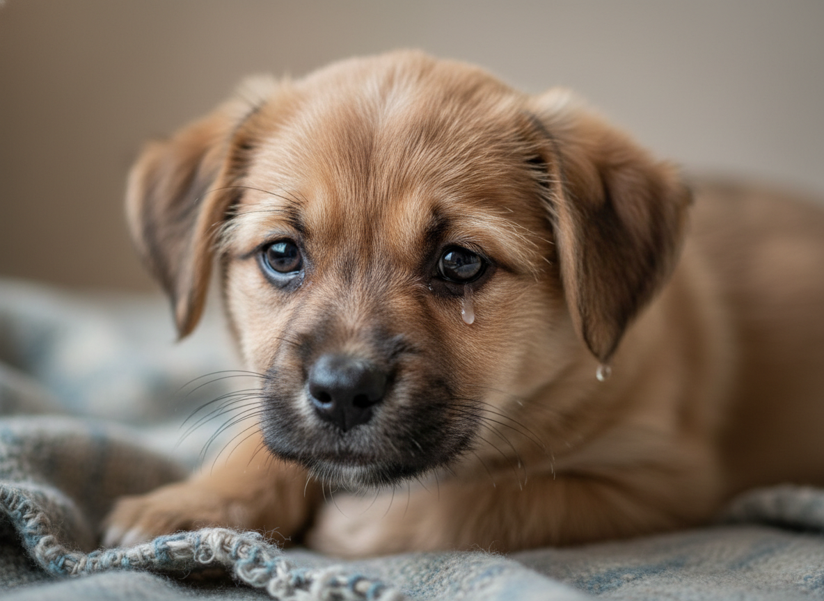 A vulnerable puppy with expressive eyes. Realistic, close-up photography style.