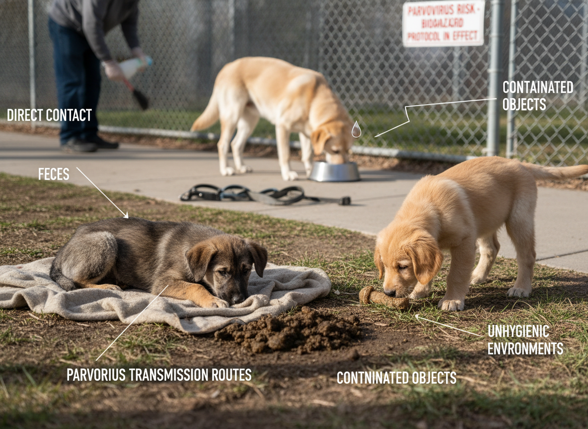 Parvovirus spreads mainly via direct contact with infected dogs or their feces. Contaminated environments and objects are also key transmission routes.