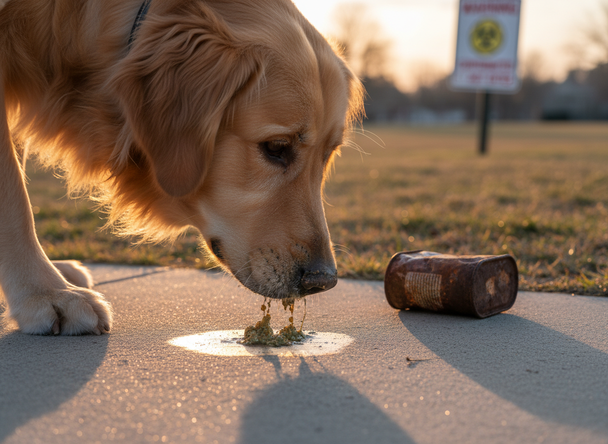 A dog sniffs an unseen, contaminated surface in a park. Realistic, photography style.