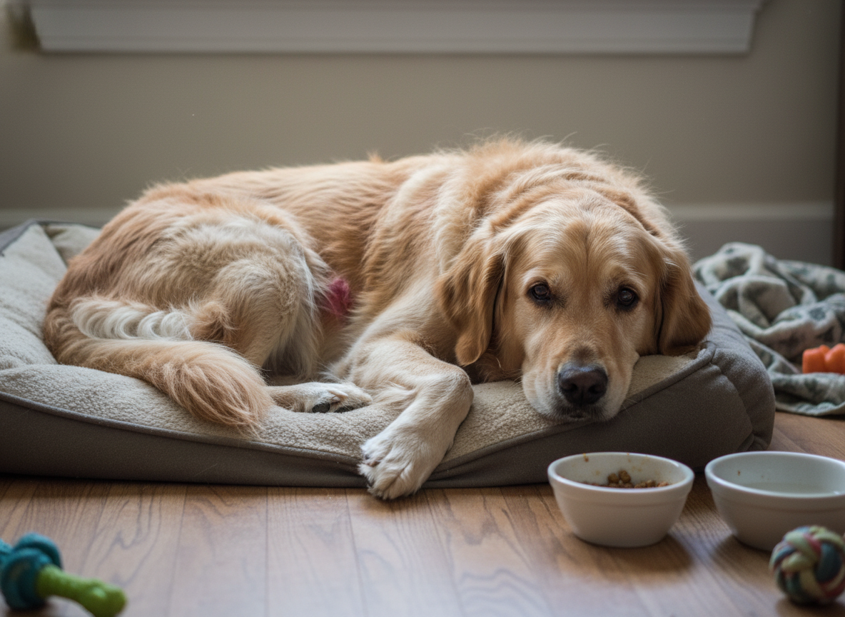 A lethargic dog resting, showing signs of discomfort. Realistic, photographic style.