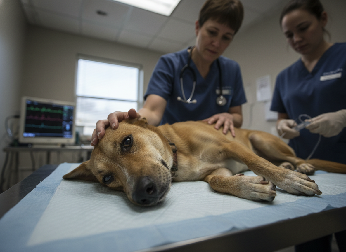 Photography of a dog showing neurological symptoms from CDV, reflecting increased fatality. Realistic, empathetic, veterinary setting.