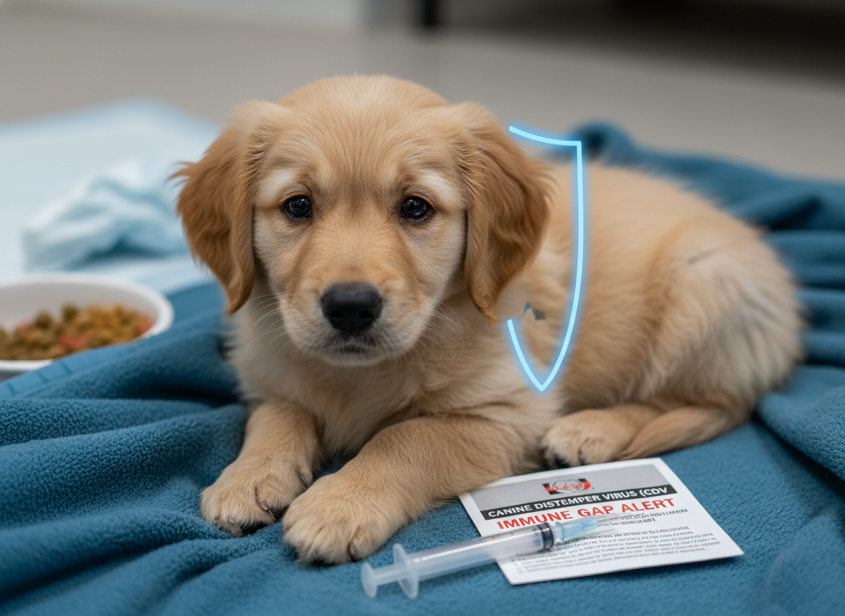 Realistic photography of a puppy symbolizing vulnerability to CDV due to immune protection gaps. Emotive, true-to-life, concerned.