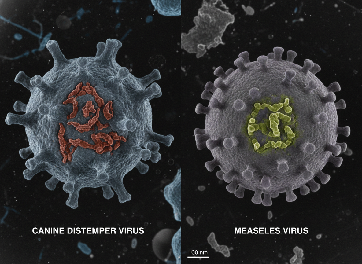 Close-up photographic comparison of Canine Distemper Virus and Measles Virus structures. Scientific, real photo style, detailed.