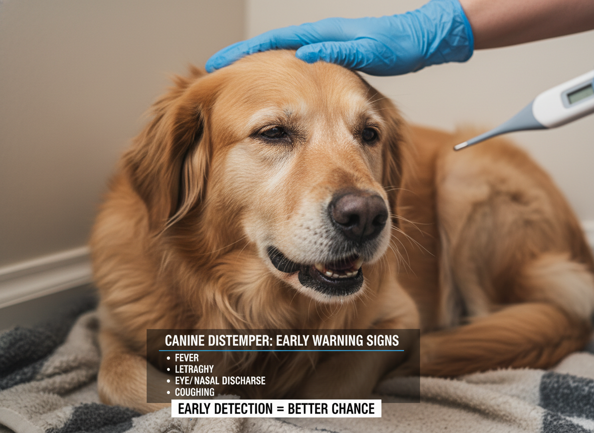 Observe subtle signs: fever, lethargy, eye/nasal discharge, coughing. Early detection is vital for canine distemper.