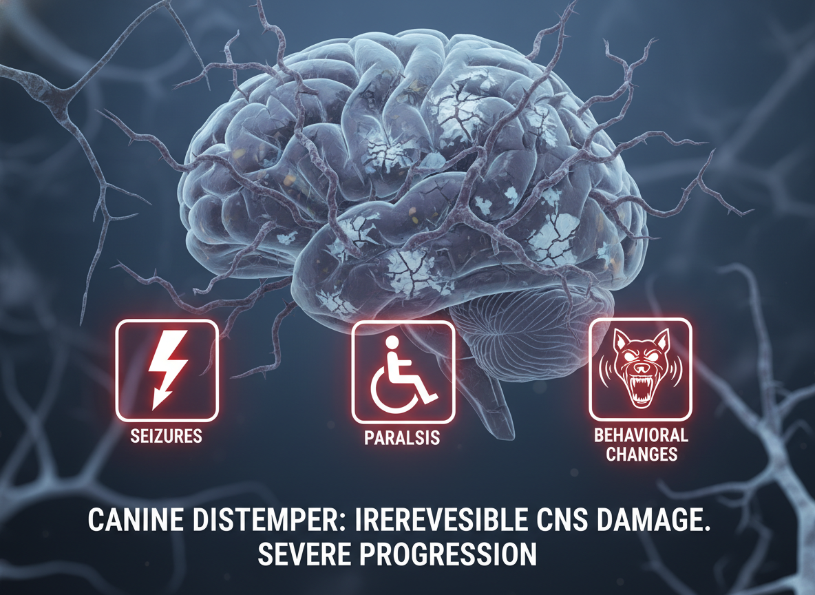 Distemper targets the central nervous system, causing irreversible damage. Seizures, paralysis, and behavioral changes indicate severe progression.