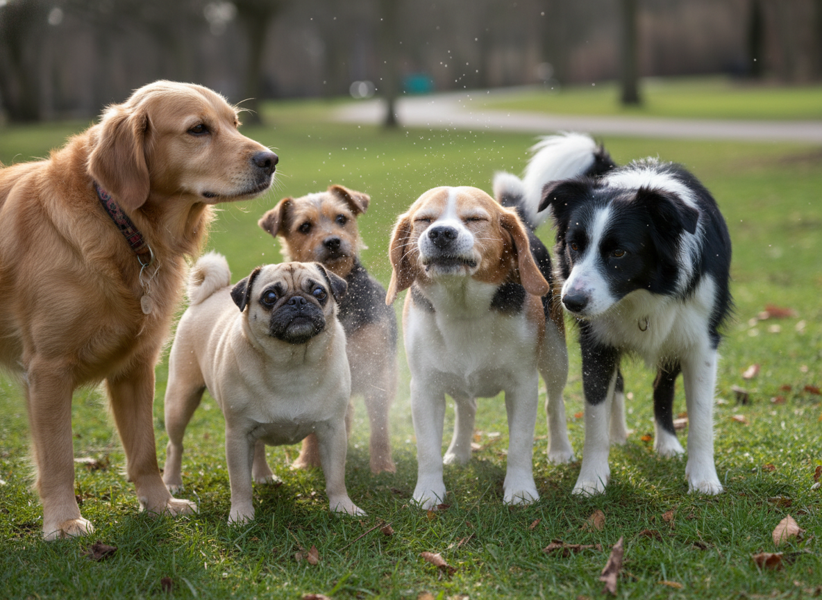 A group of dogs interacting closely, one sneezing, illustrating airborne transmission of CDV. Candid shot, natural lighting.