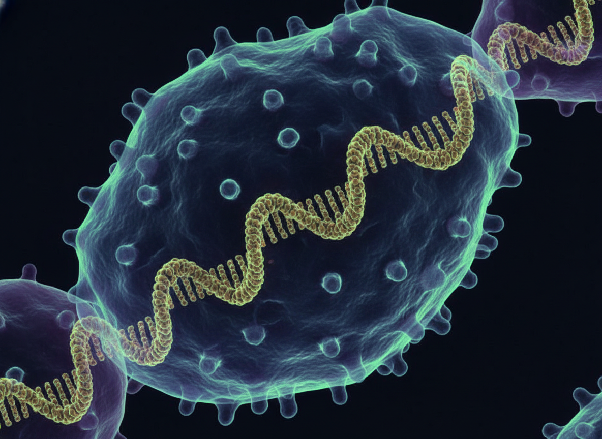 Microscopic view of the canine distemper virus, showing its RNA structure. Scientific photography, realistic.