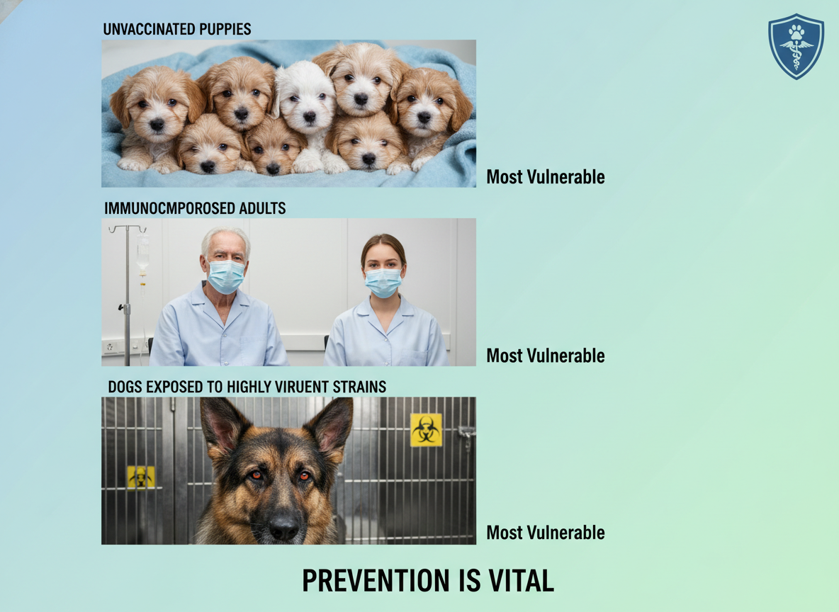 Unvaccinated puppies, immunocompromised adults, and dogs exposed to highly virulent strains are most vulnerable. Prevention is vital.