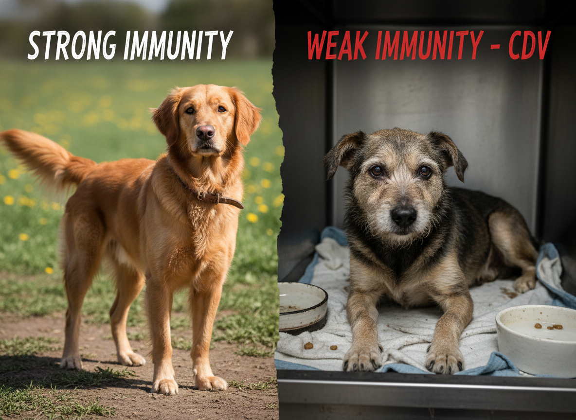 A healthy dog contrasting with a sick one, representing strong versus weak immunity to CDV. Emotive, documentary style.