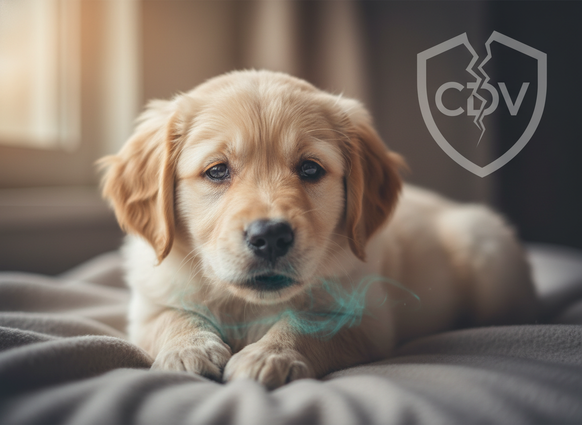 A young puppy looking vulnerable, symbolizing susceptibility to CDV. Authentic pet photography, shallow depth of field.