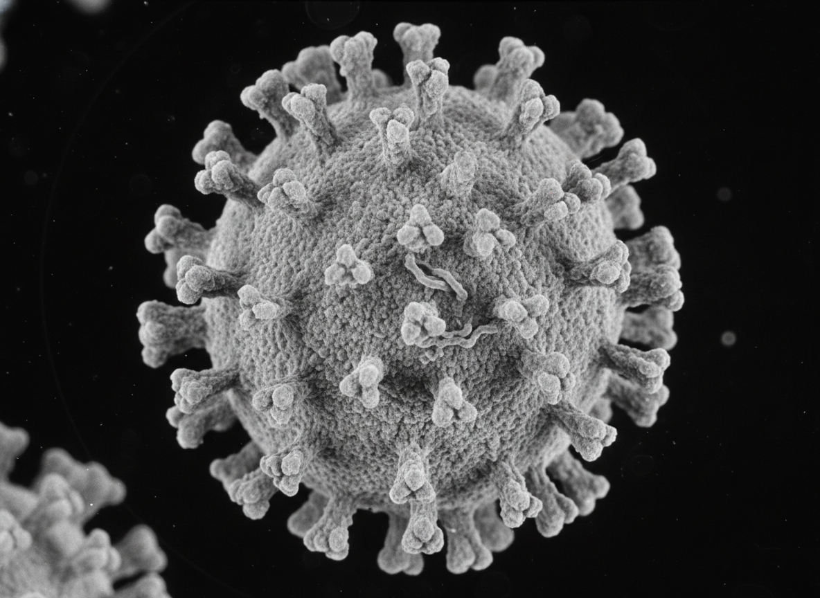 Close-up of a canine distemper virus under an electron microscope, detailed and scientific, photographic style.