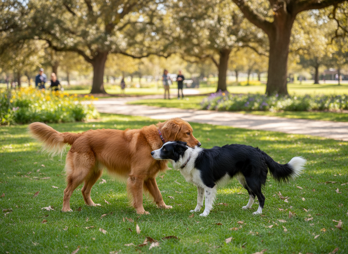 Two dogs sniffing each other in a park, natural outdoor lighting, realistic photography capturing interaction.