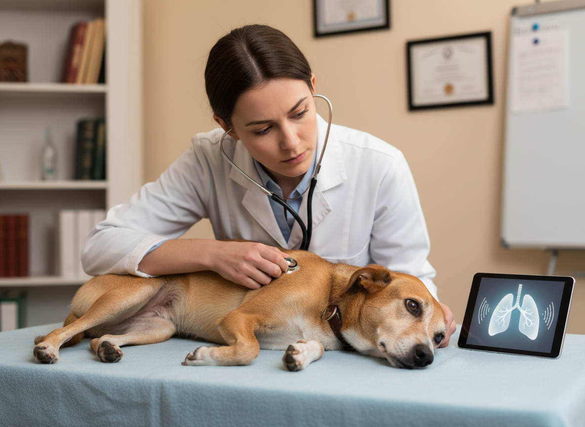 A poignant photograph of a veterinarian examining a dog, subtly illustrating the impact of CDV on its neurological and respiratory systems.