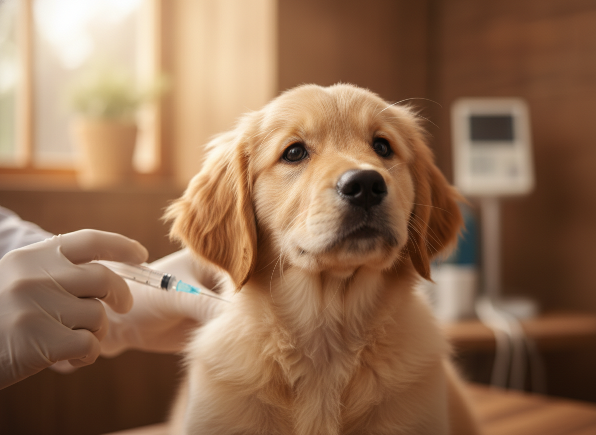A veterinarian gently vaccinating a puppy, close-up on the dog's calm face, warm lighting, realistic photograph.