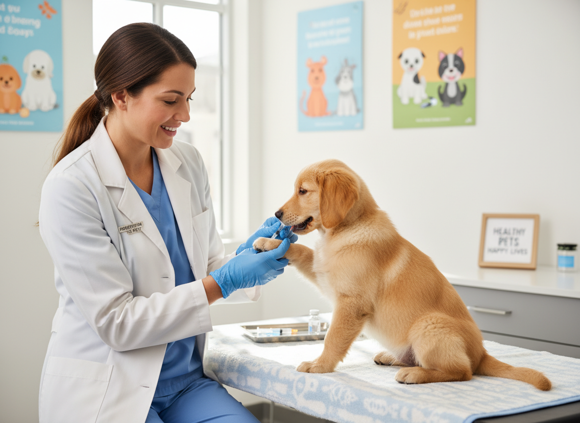 A heartwarming photograph of a healthy, playful puppy receiving a vaccine from a gentle veterinarian, emphasizing critical prevention.