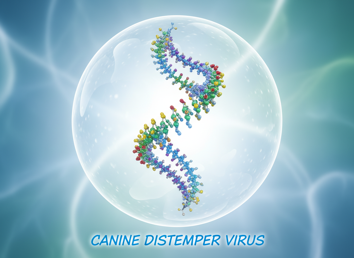 A striking photographic image of a single-stranded RNA helix, representing the genetic material found within the canine distemper virus.