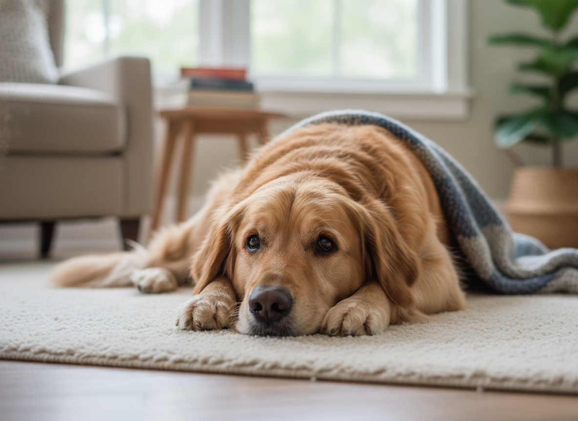 A dog looking lethargic, resting quietly indoors, soft focus, sympathetic and realistic photographic style.