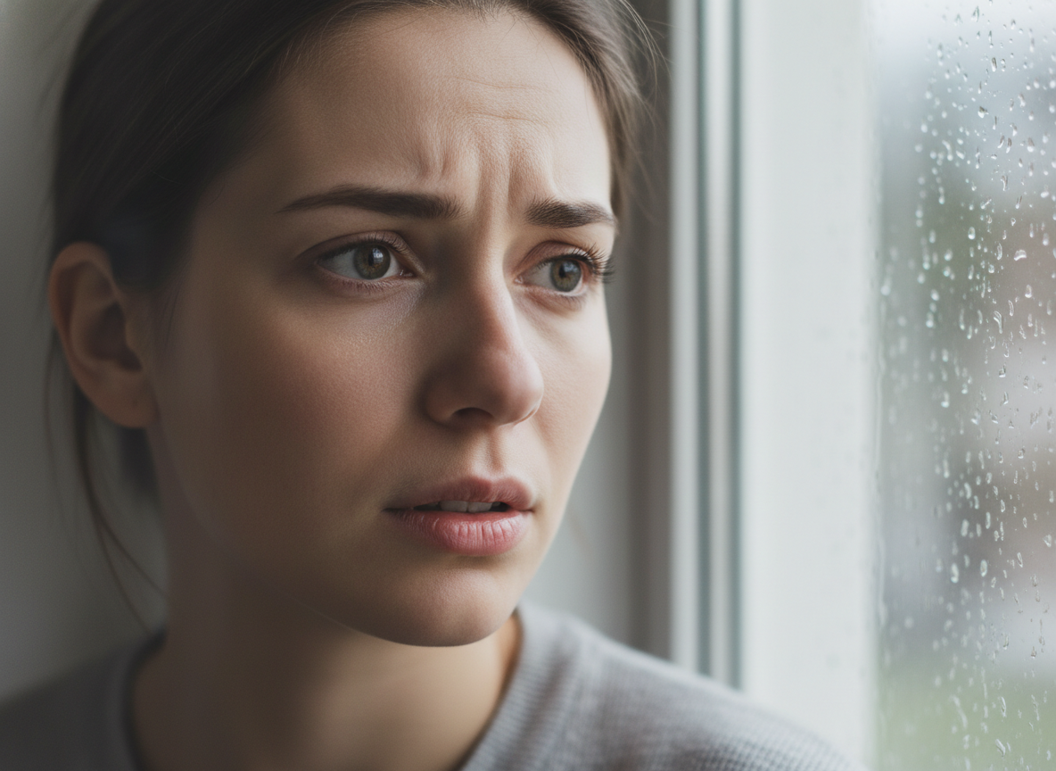 A close-up, dramatic photograph of a concerned person's face, bathed in soft, natural light, reflecting the question of human vulnerability.