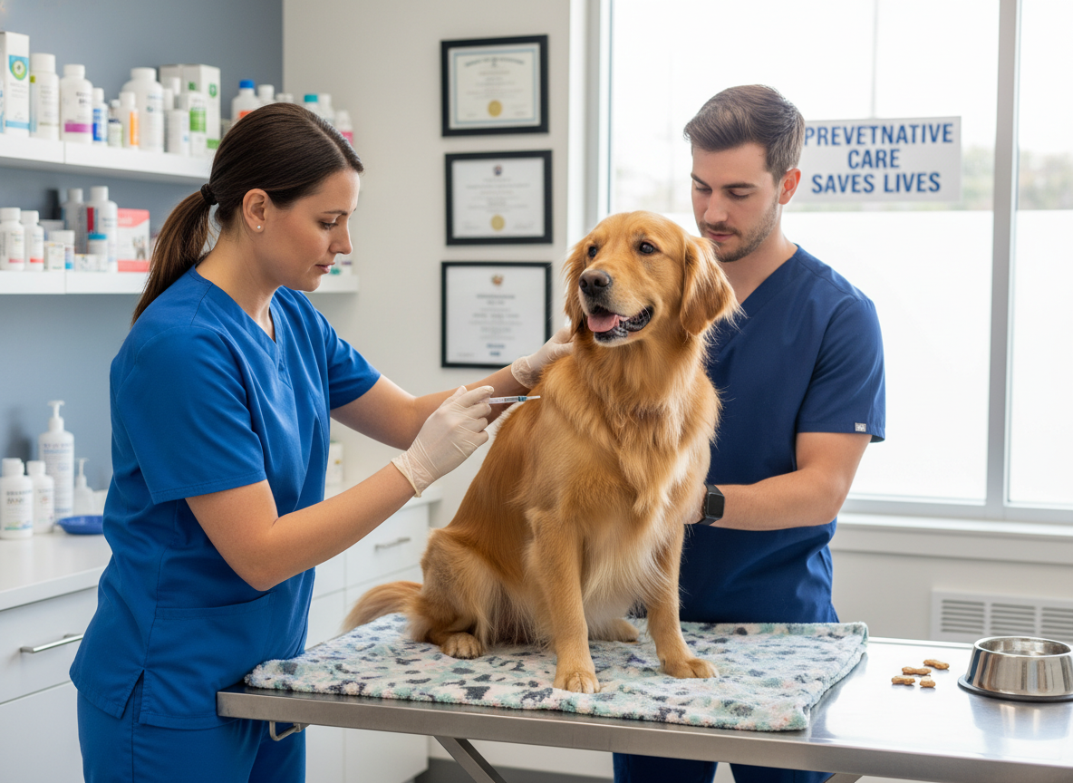 A clear, bright photograph of a veterinarian administering a vaccine to a pet, emphasizing active prevention and care.