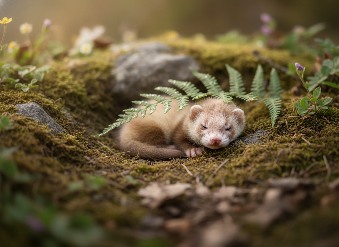 A poignant photo of a young, vulnerable puppy or a wild ferret in a natural setting, highlighting the fragility of susceptible animal populations.